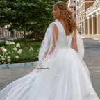 Lakshmigown Plus Size A Line Tulle Wedding Dress With Puff Sleeves V Neck