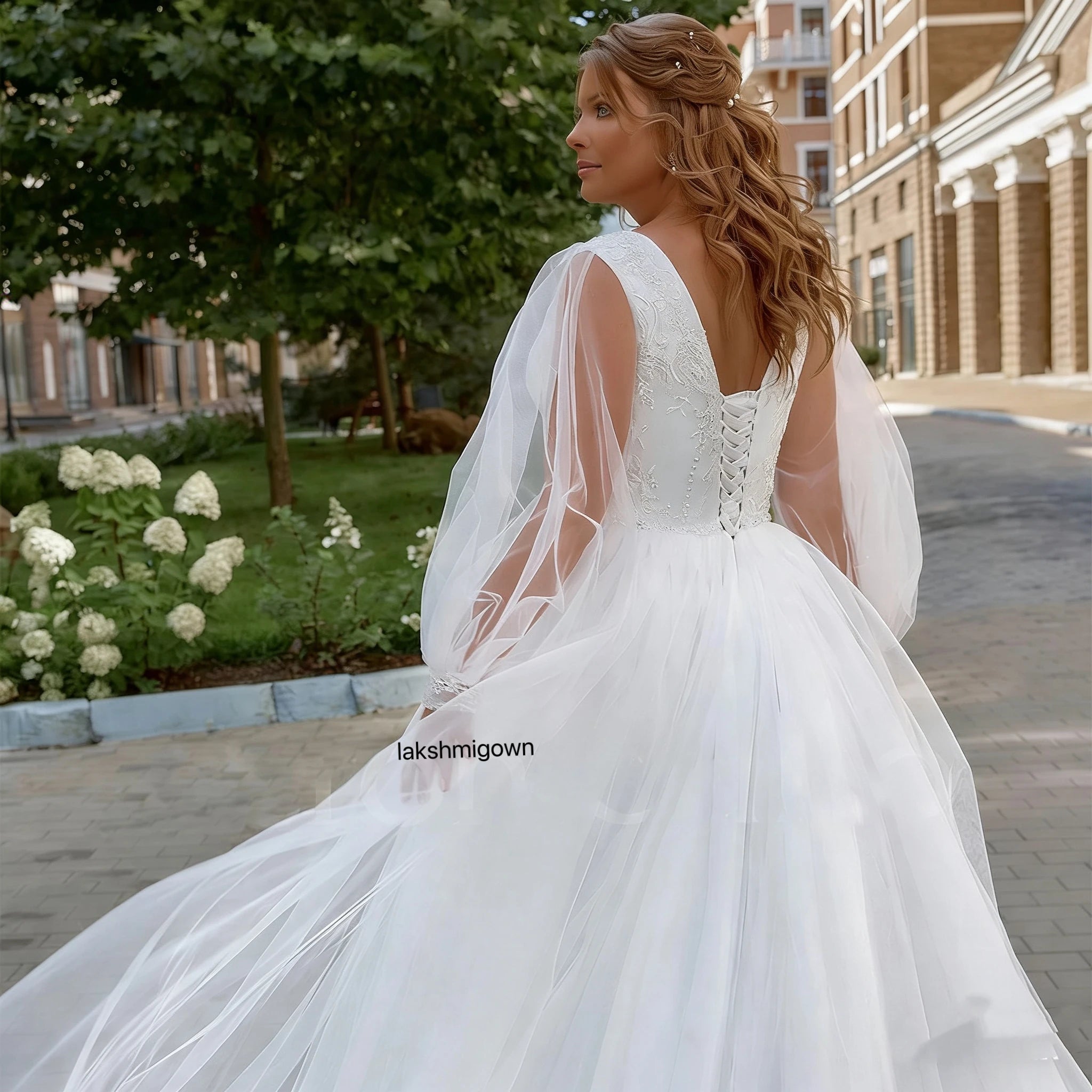Lakshmigown Plus Size A Line Tulle Wedding Dress With Puff Sleeves V Neck