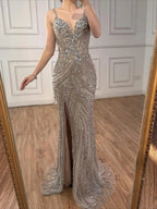 Luxury Nude Beaded High Slit Mermaid Evening Dress LA73340