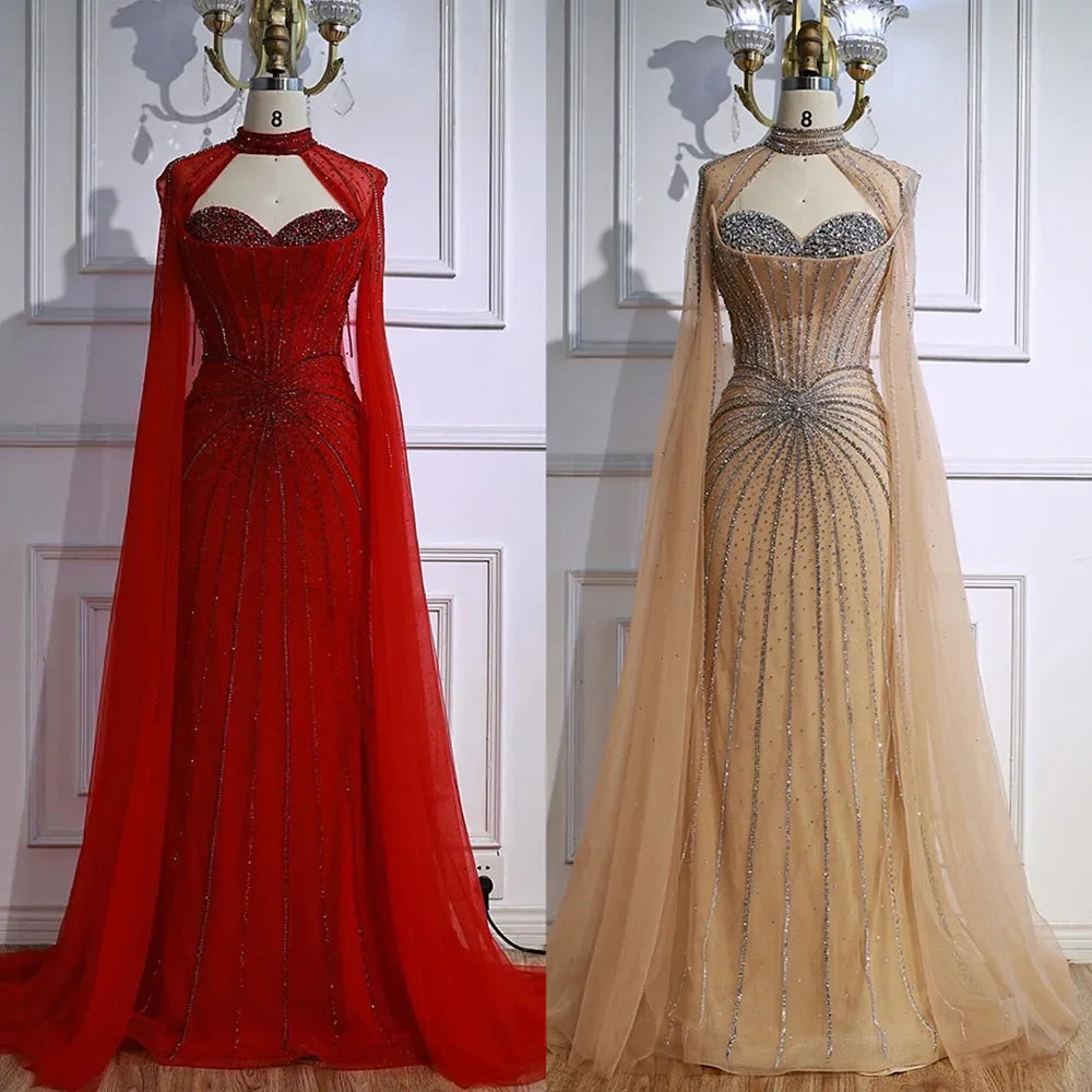 Luxury Nude Beaded Evening Gown With Cape Sleeves For Formal Custom Dress