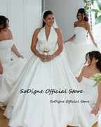 Custom Satin A Line Wedding Dress Sleeveless Halter Bridal Gown Long
