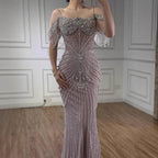 Customized Pink Beaded Off Shoulder Mermaid Evening Dress For Women