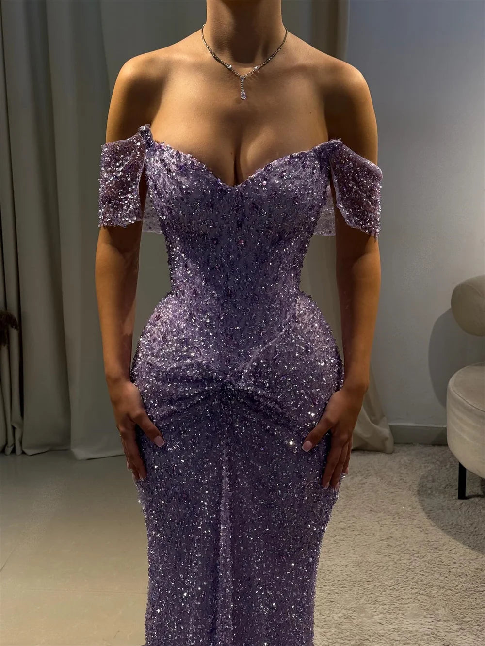 Vestido de fiesta largo hasta el suelo para noche formal, sirena, morado personalizado de lujo con pedrería, escote barco, vestido de novia Cathy