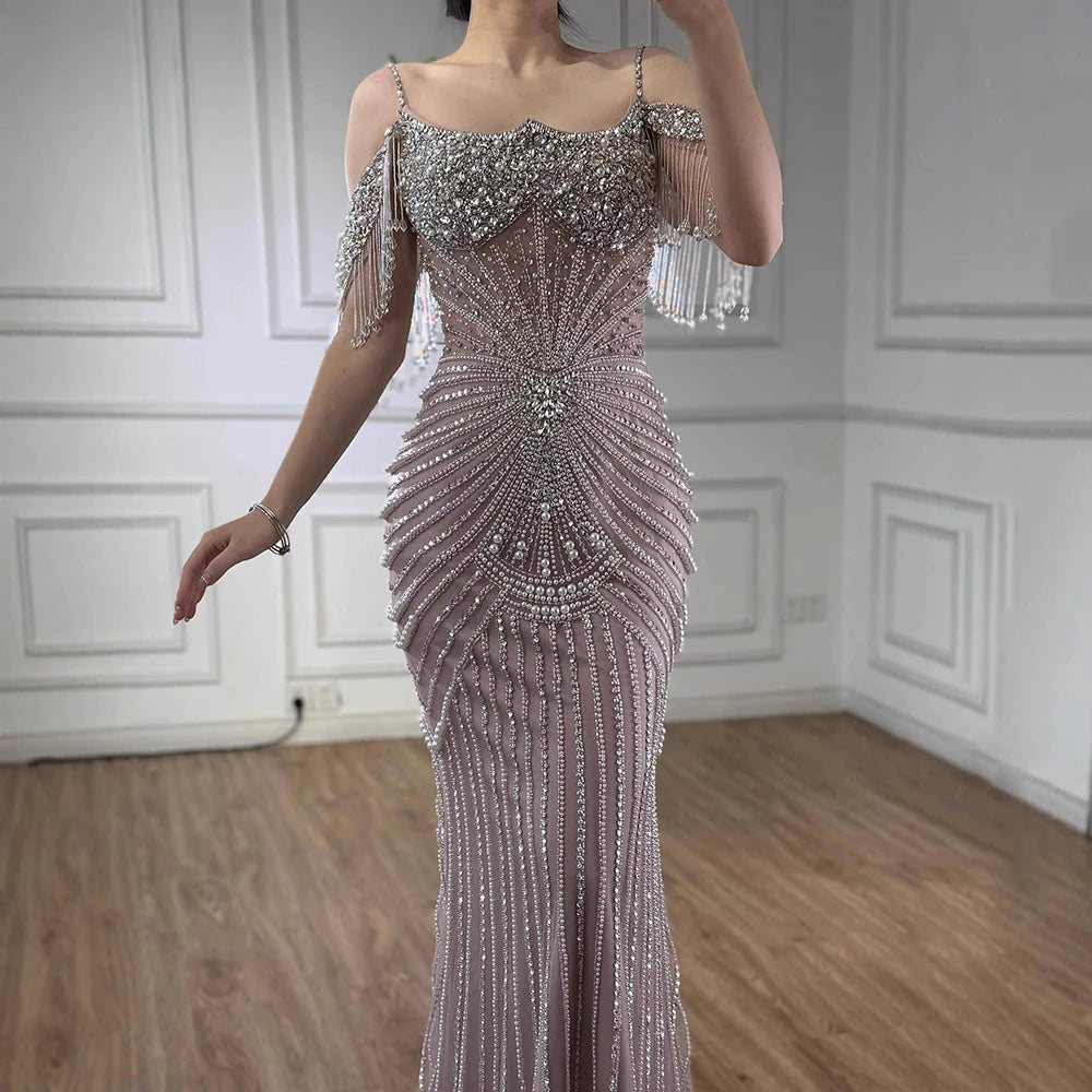 Customized Pink Beaded Off Shoulder Mermaid Evening Dress For Women
