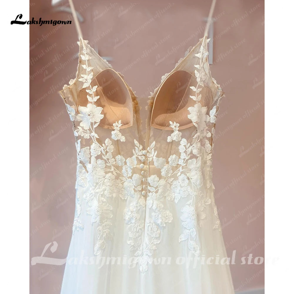 Customized Beach Wedding Dress With Vintage Lace Boho Spaghetti Straps