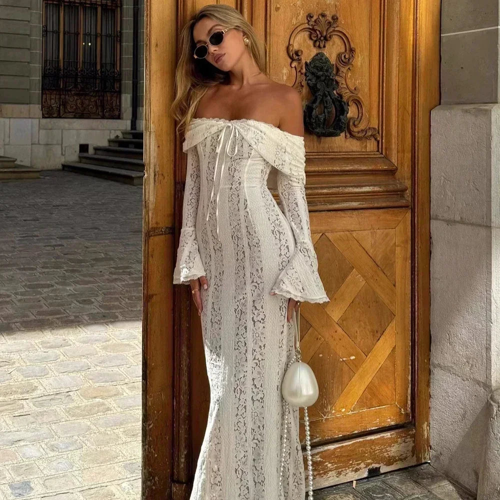 Suninheart Weiße Abendkleider für Veranstaltungen Rote Langarm-Spitzen Elegante Festkleider 2025 Damen Luxuriöses Hochzeitsballkleid Kleid