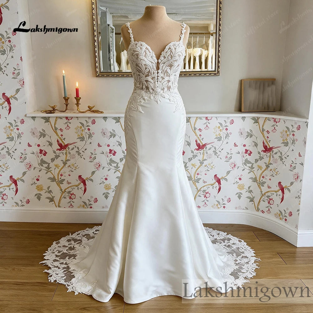 Mermaid Satin Wedding Dress Deep V Neck Beaded Lace Appliques Low Back Custom