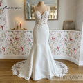 Mermaid Satin Wedding Dress Deep V Neck Beaded Lace Appliques Low Back Custom