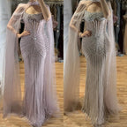 Serene Hill Pearl Beaded Caramel Mermaid Evening Dress With Sheer Cape Custom