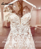 Womens Spaghetti Straps Boho Wedding Dress Lace Bodice Tulle Open Back Gown