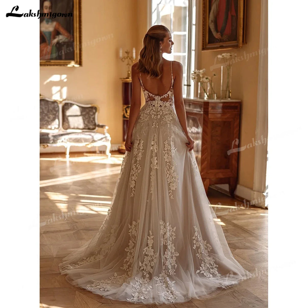 Custom Illusion Wedding Dress With Appliques Floor Length