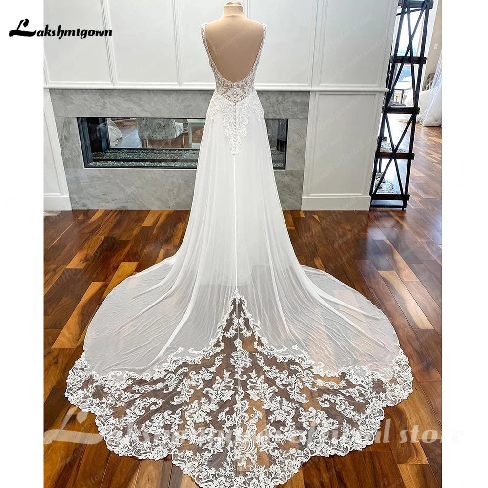 Custom Boho Chiffon Wedding Dress Long Open Back V Neck Lace Appliques Gown