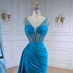 Blaues Abschlussballkleid mit seitlichem Überrock und Spaghettiträgern LA73011