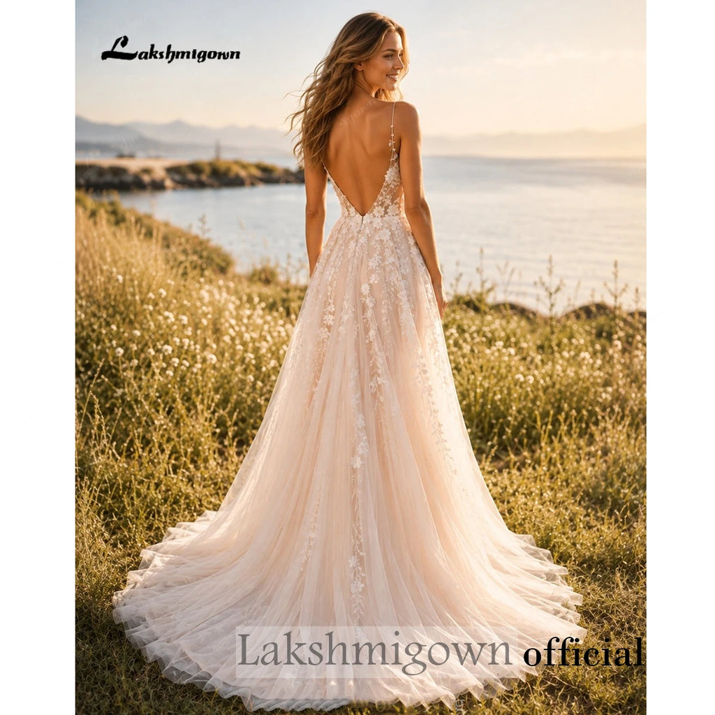 Champagne Boho Lace Bridal Gown Custom A Line With Spaghetti Straps