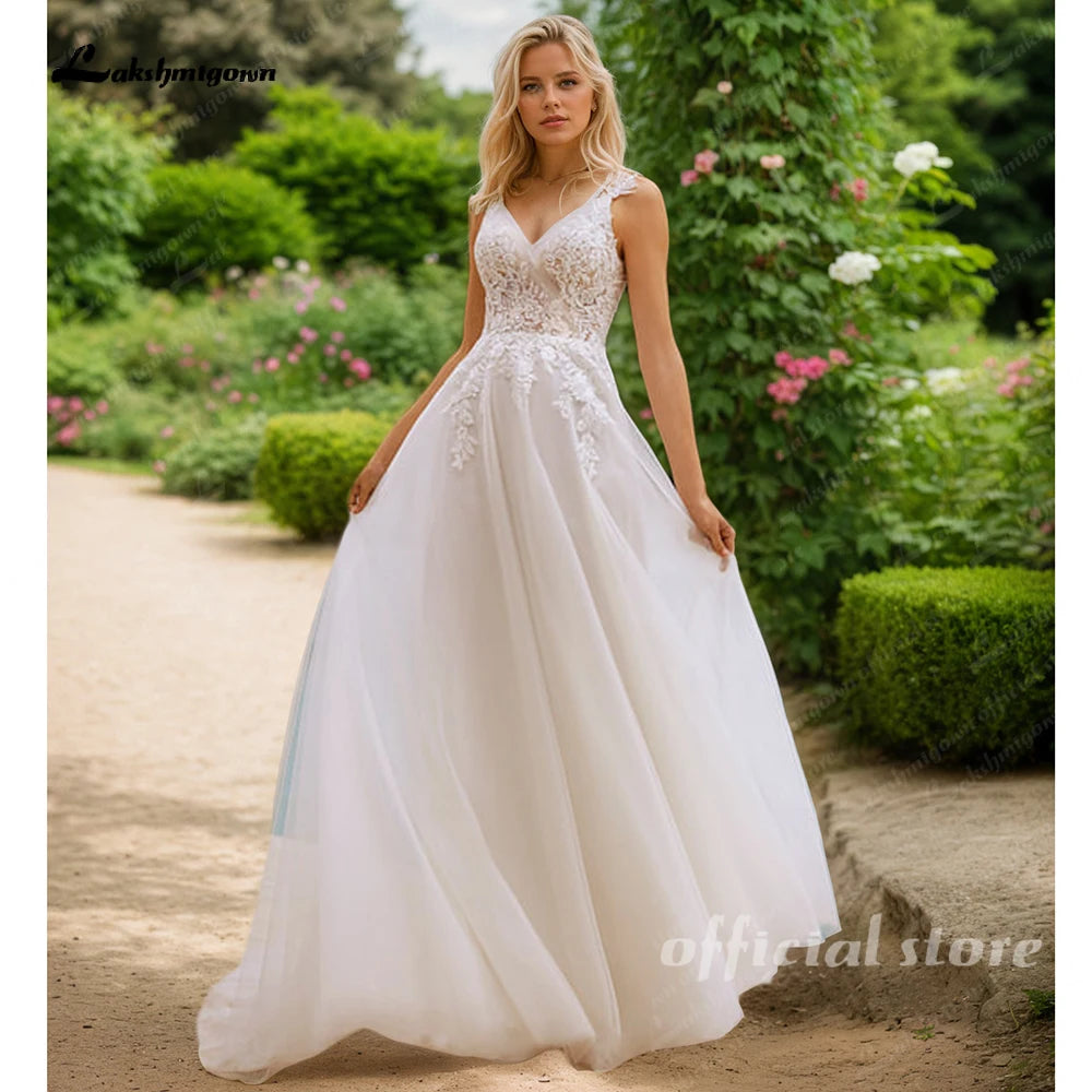 Custom Lakshmigown Tulle A Line Off Shoulder V Neck Bridal Wedding Dress