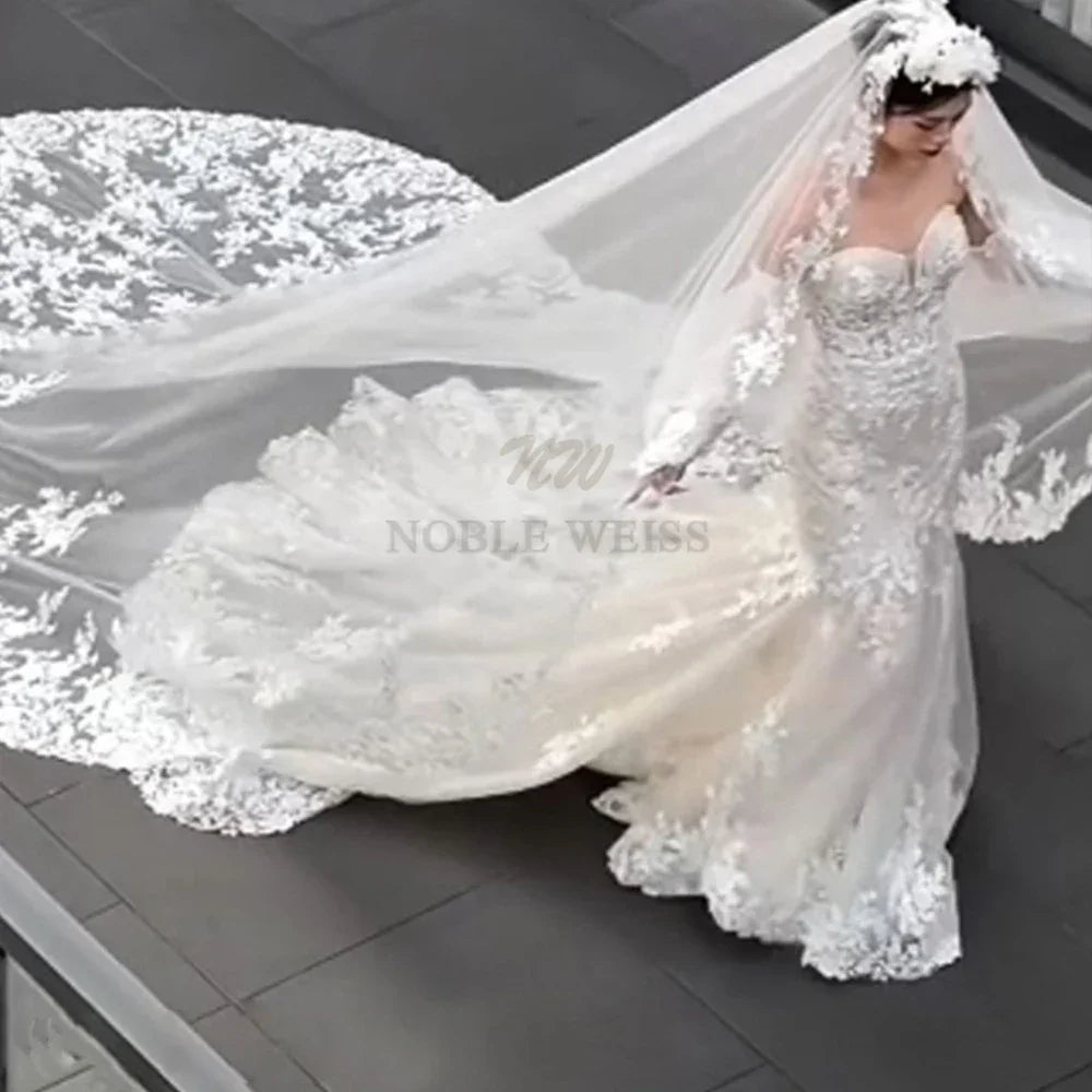 Custom Long Cathedral Wedding Veil With Lace Appliques And Comb