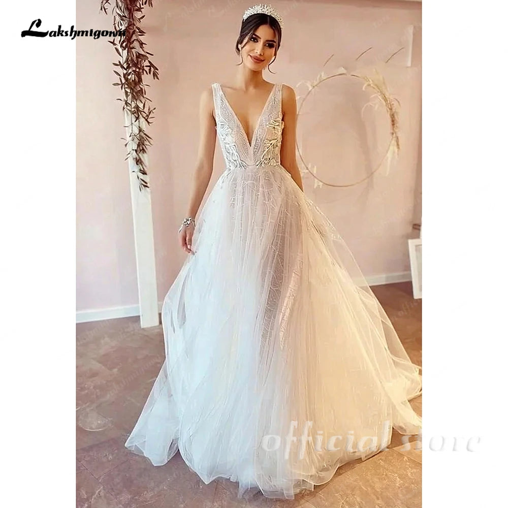 Lakshmigown Vintage Champagne Tulle Beach Wedding Dress Deep V Neck Custom Made
