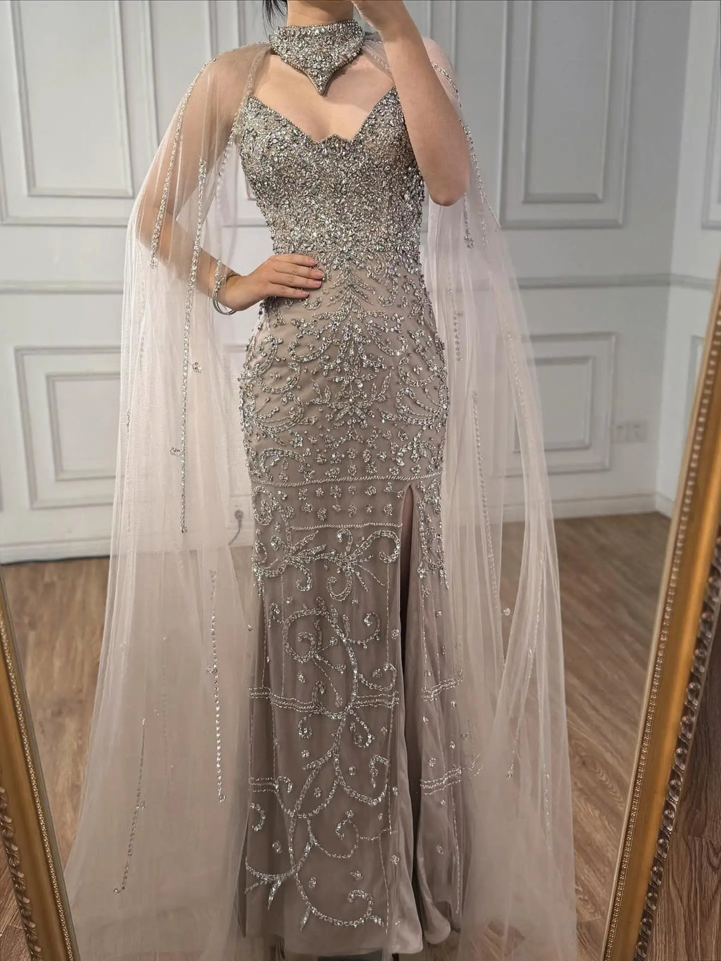 Luxury Sexy Split Evening Dress With Cape Nude LA73339