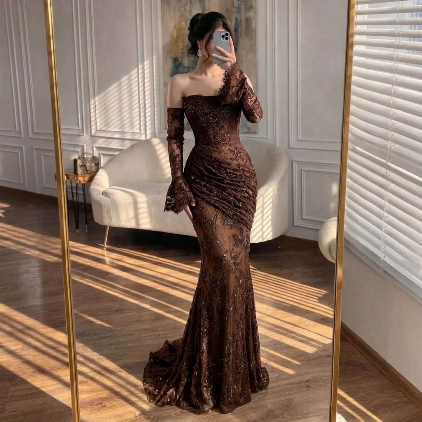 Brown Lace Mermaid Evening Gown For Women Slim Fit Ruched Party Dress