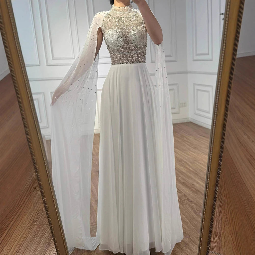 Serene Hill White Chiffon A Line Cape Sleeve Bridesmaid Dress