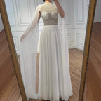 Serene Hill White Chiffon A Line Cape Sleeve Bridesmaid Dress