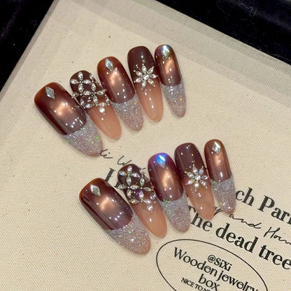 10 uñas postizas hechas a mano con diamantes brillantes, estilo francés, ligeras y de lujo, color marrón, ojo de gato, almendra. 
