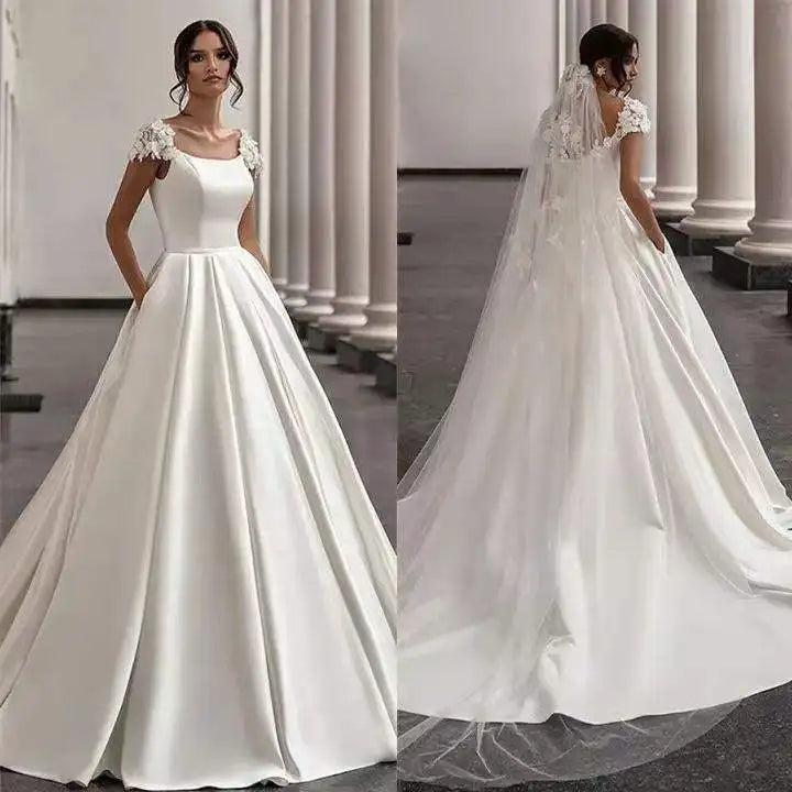Custom Satin A Line Trailing Wedding Dress With Short Sleeves And Appliques