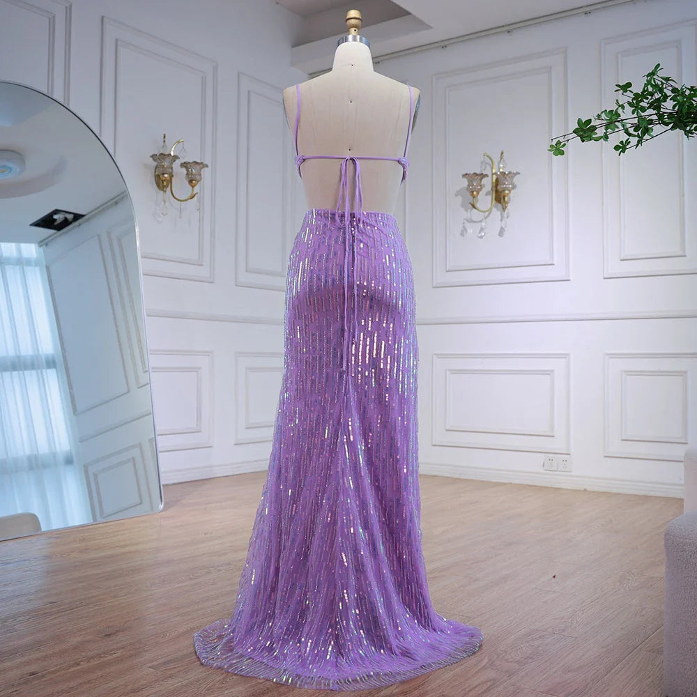 Vestido de gala lujoso morado con lentejuelas, abertura y cintura recortada LA73000