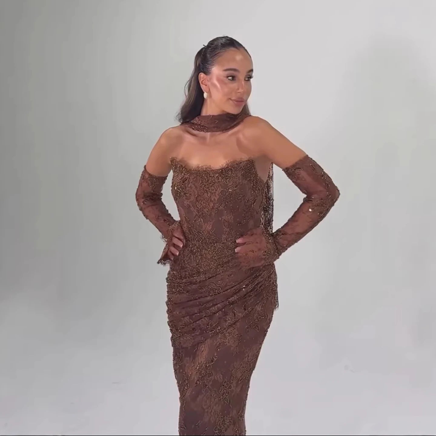 Brown Lace Mermaid Evening Gown For Women Slim Fit Ruched Party Dress