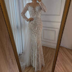 White Nude Long Sleeve Mermaid Beaded Pearl Custom Wedding Dress with Train