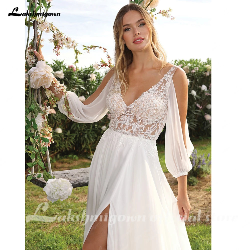 Illusion Off Shoulder Wedding Dress Side Split Long Sleeve Bridal Gown Custom