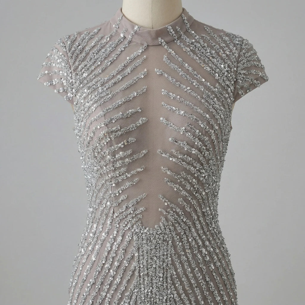 Silver Beaded Mermaid Evening Dress High Neck Cap Sleeve Custom Party Gown