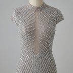 Silver Beaded Mermaid Evening Dress High Neck Cap Sleeve Custom Party Gown