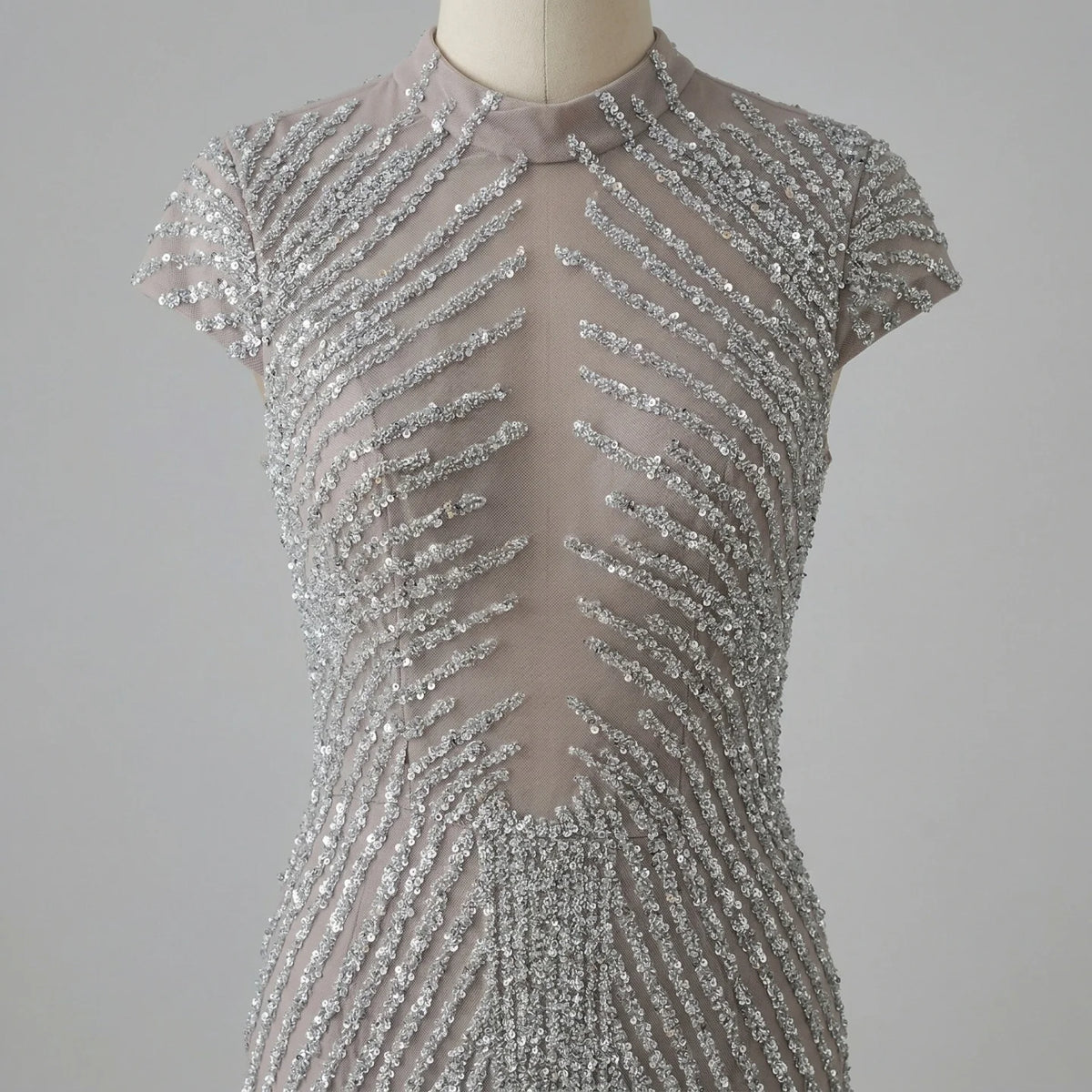 Silver Beaded Mermaid Evening Dress High Neck Cap Sleeve Custom Party Gown