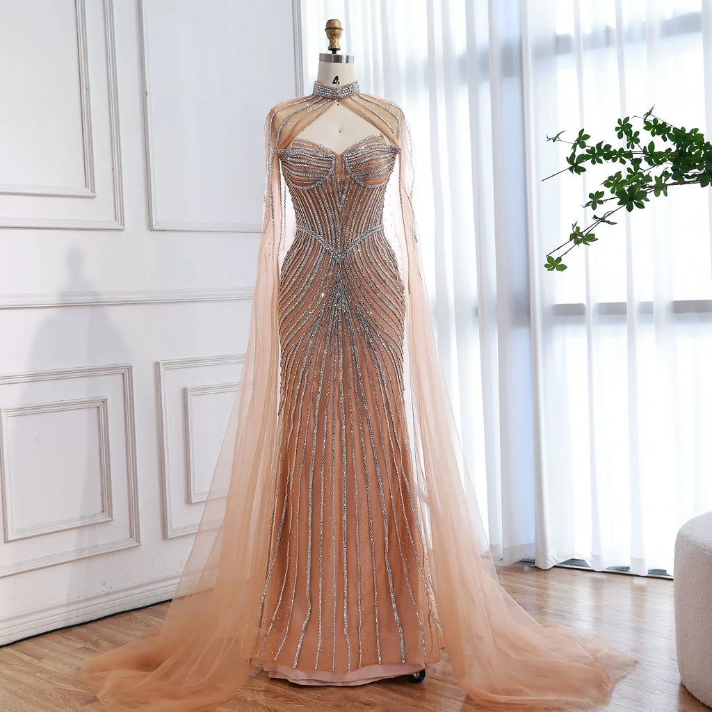 Vestido de Noite de Sereia em Nude de Luxo com Mangas de Capa LA73118