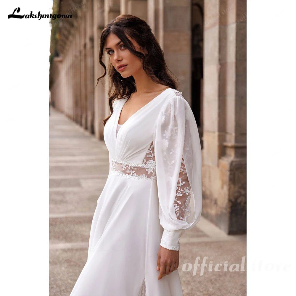Custom Chiffon Bridal Gown 2026 Puff Sleeve Lace A Line Wedding Dress