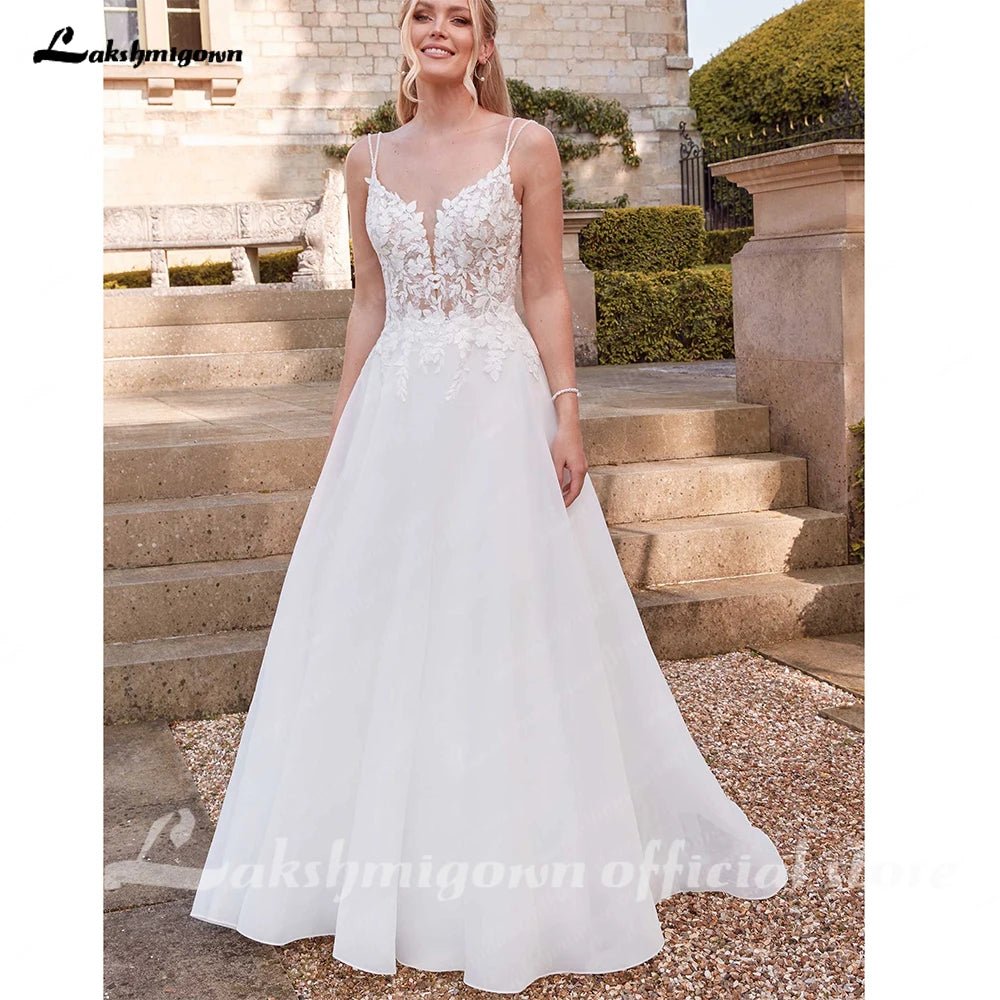 Custom Vintage Wedding Dress Spaghetti Strap V Neck Lace Bridal Gown
