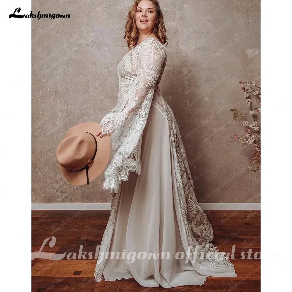 Bohemian Boho Wedding Dress Lace Chiffon Long Sleeve V Neck Plus Size Gown