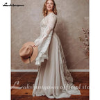 Bohemian Boho Wedding Dress Lace Chiffon Long Sleeve V Neck Plus Size Gown