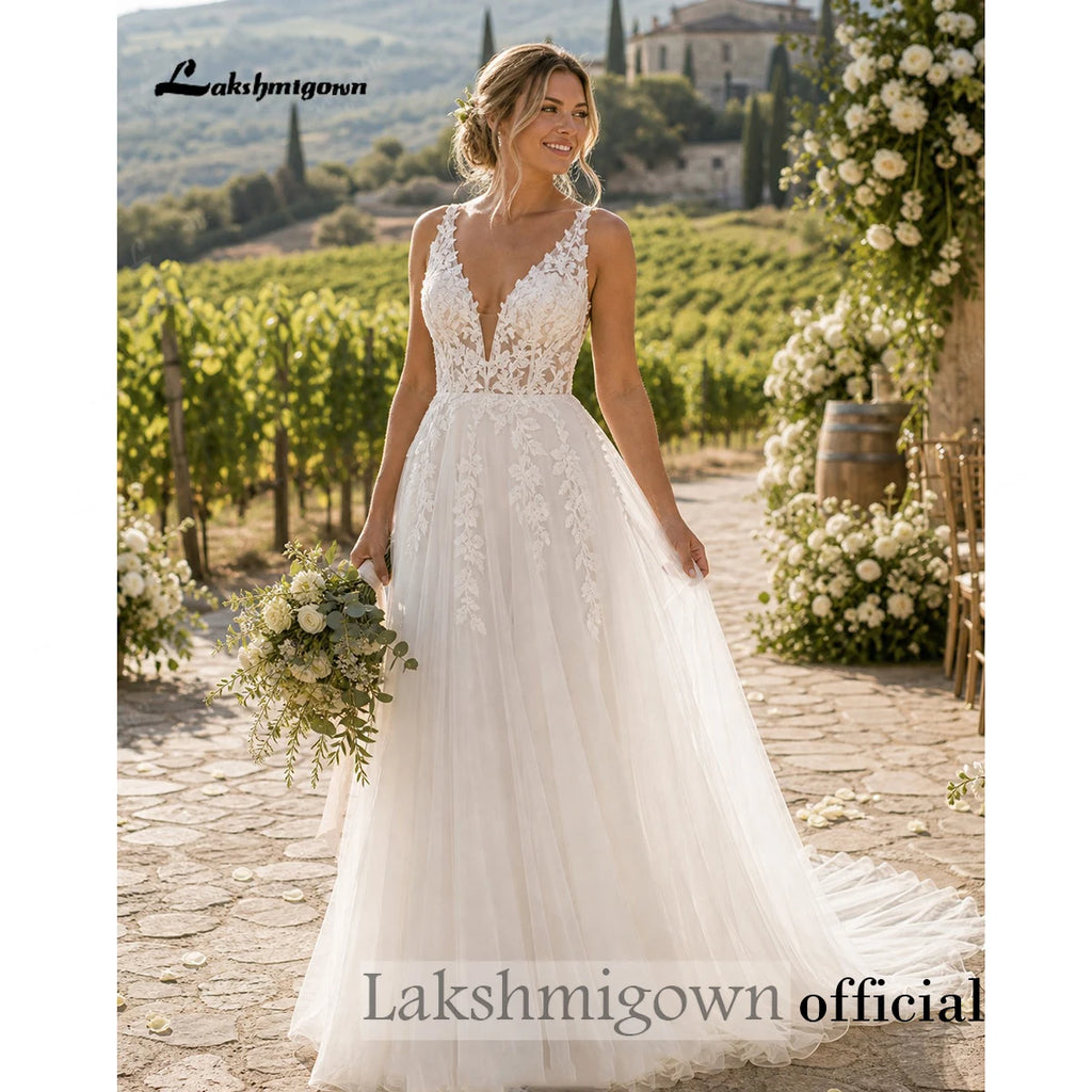 Custom Tulle Bridal Gown Deep V Neck Sleeveless Lace Appliques Wedding Dress