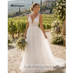 Custom Tulle Bridal Gown Deep V Neck Sleeveless Lace Appliques Wedding Dress