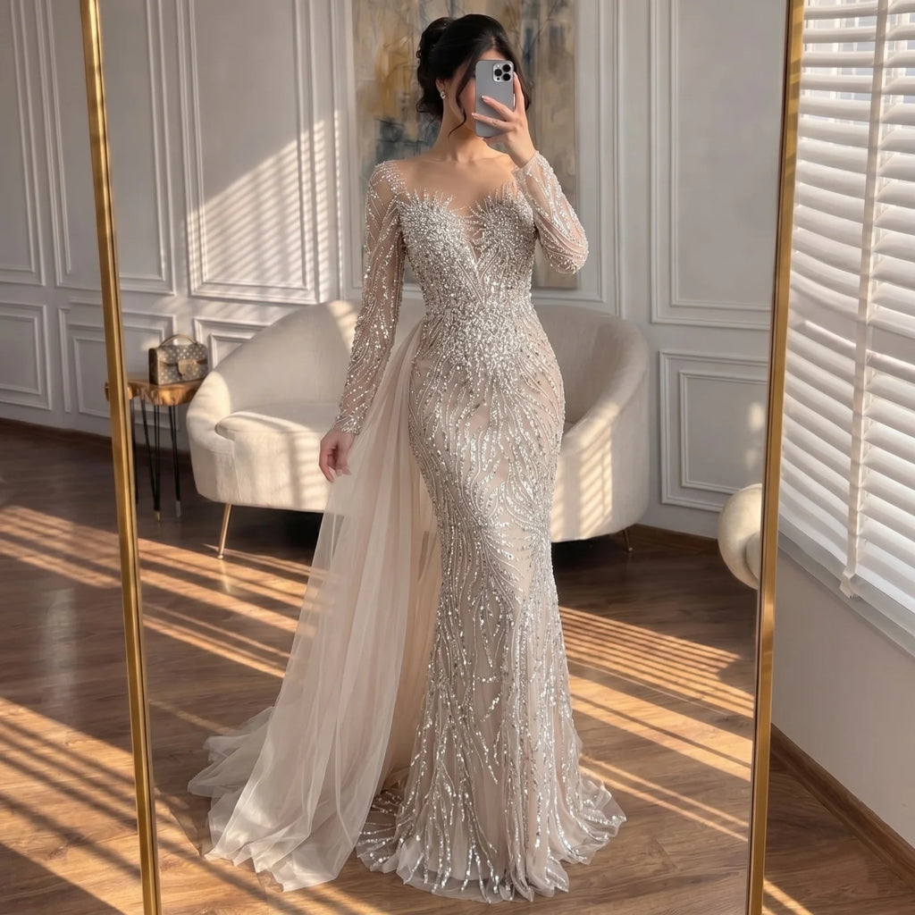 White Nude Long Sleeve Mermaid Beaded Pearl Custom Wedding Dress with Train