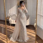 White Nude Long Sleeve Mermaid Beaded Pearl Custom Wedding Dress with Train