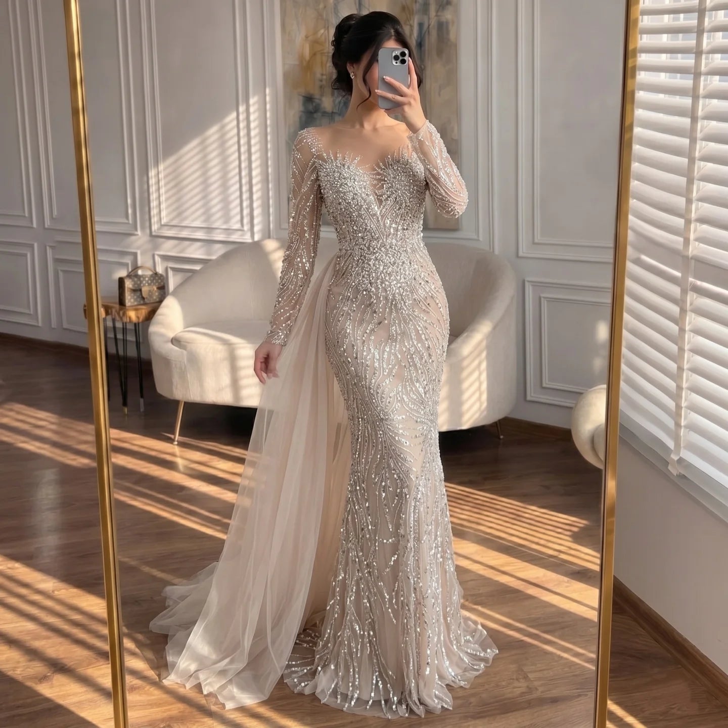 White Nude Long Sleeve Mermaid Beaded Pearl Custom Wedding Dress with Train