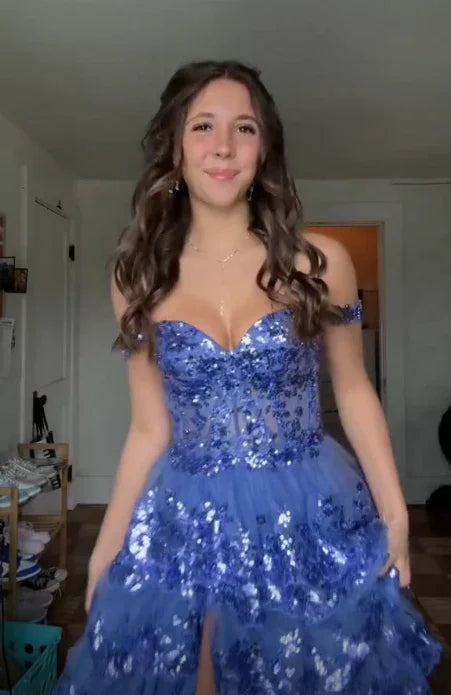 Abito da sera formale a strati con paillettes di tulle blu scintillante e spacco, abito da ballo Y7961