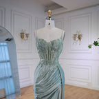 Luxury Mint Green Satin Beaded Prom Dress with Slit LA72995