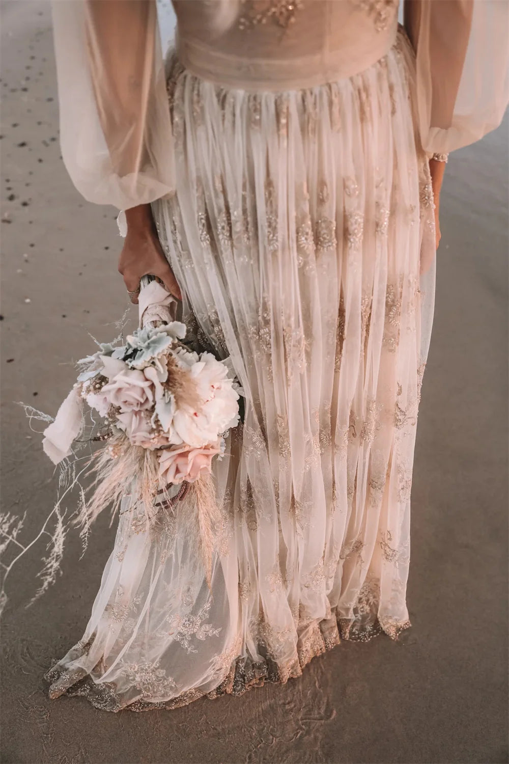 Custom Boho Embroidered Lace Wedding Dress Long Sleeve Deep V Neck Gown