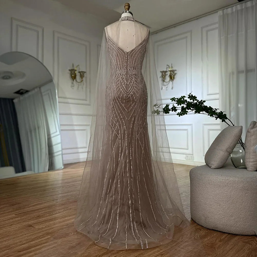 Caramel Mermaid Arabic Evening Dress With Beaded Cape Sleeves For Party
