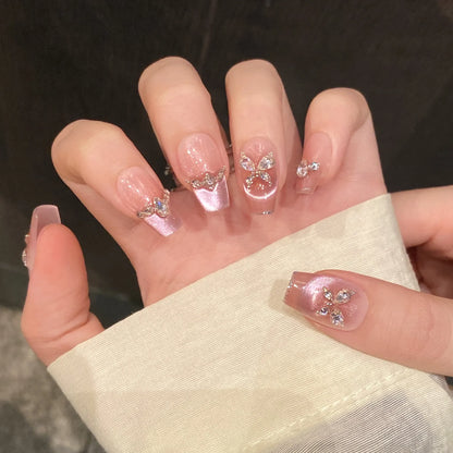 10 uñas postizas de estilo francés, color rosa fantasía, brillantes, con diseño de mariposa y diamante, hechas a mano, estilo coreano. 