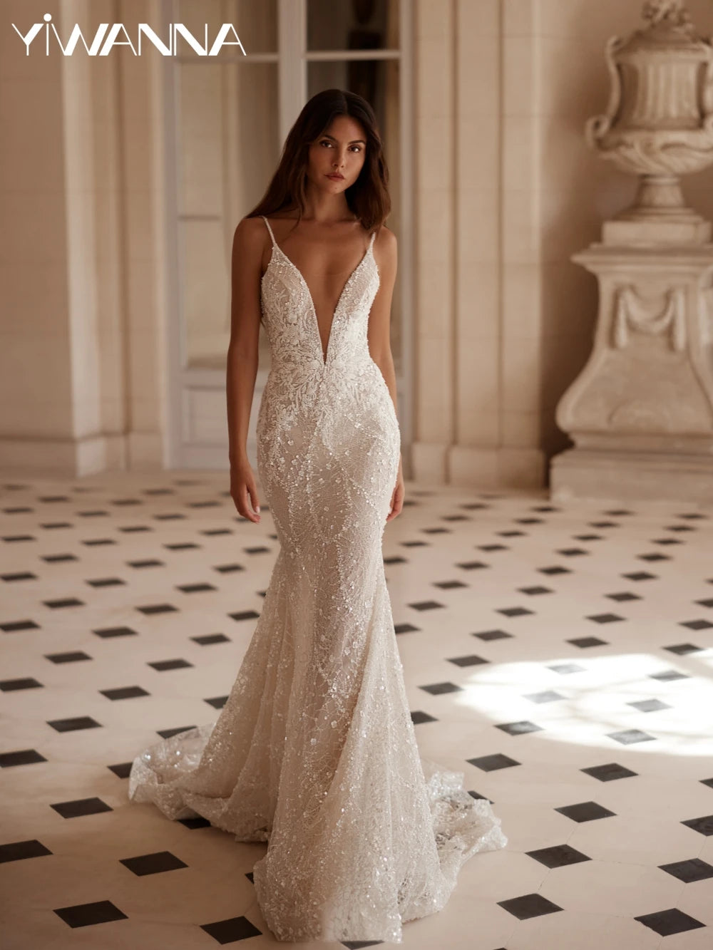Sparkly Beaded Lace Wedding Dress Deep V Neck Spaghetti Strap Mermaid Gown